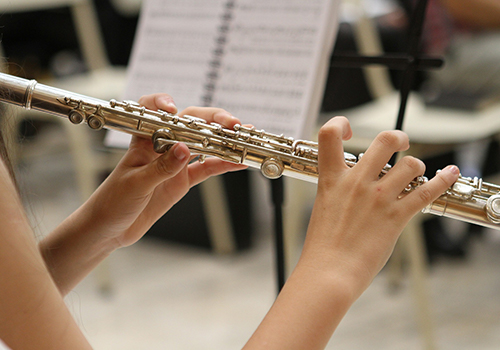 Mevrouw zit in de muziek terwijl ze een fluit bespeelt